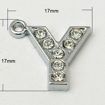 Alloy Letter Pendants, with Grade A Rhinestone, Platinum Color, Crystal, 16~18x12~17x2mm, Hole: 1mm