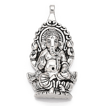 Tibetan Style Alloy Big Pendants, Hindu Elephant God Lord Ganesh Statue, Cadmium Free & Nickel Free & Lead Free, Antique Silver, 61x32x7mm, Hole: 3.5mm, about 65pcs/1000g