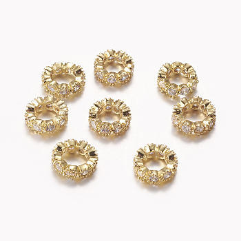Brass Micro Pave Cubic Zirconia Beads, Rondelle, Golden, 8mm