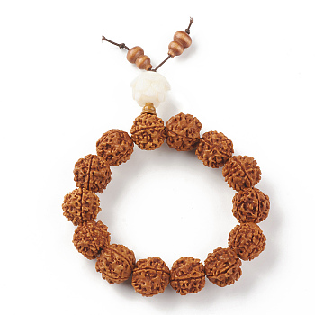 Mala Beads Bracelet, Round Natural Rudraksha Beaded Stretch Bracelet for Women, with Plastic Lotus, Sienna, Inner Diameter: 2-1/2 inch(6.5cm)