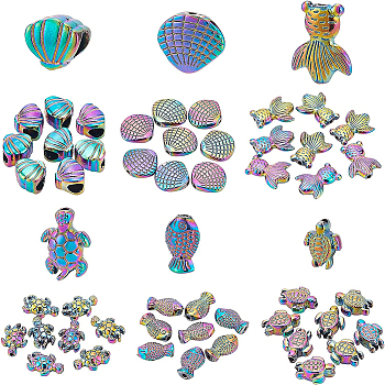 48Pcs 6 Style Rack Plating Rainbow Color Alloy Beads, Mix-shaped, 9~14x7~12.5x3~7.5mm, Hole: 1~4.5mm, 8pcs/style