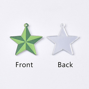 Acrylic Pendants, PVC Printed on the Front, Film and Mirror Effect on the Back, Star, Green, 23.5x22x2mm, Hole: 1mm
