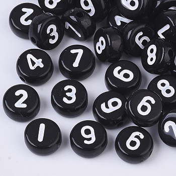 Opaque Acrylic Beads, Flat Round with Number, Mixed, 7x3.5mm, Hole: 1.2mm, about 400pcs/50g.