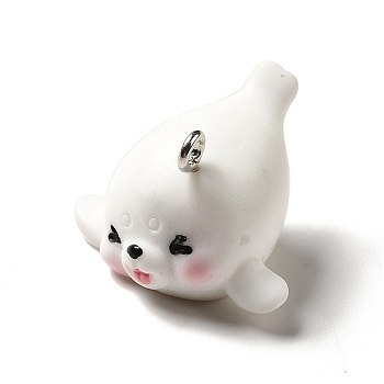Marine Series Opaque Resin Pendants, Sea Lion Charm, with Platinum Plated Iron Findings, White, 17x24x25mm, Hole: 2mm