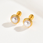 Stainless Steel Flat Round Stud Earrings, with Imitation Pearl, Real 18K Gold Plated, 14x8mm(YB1326)