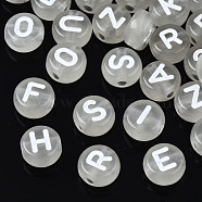 Luminous Transparent Clear Acrylic Beads, Flat Round with Random Letter, White, 6.5x7x3.5mm, Hole: 1.6mm, about 3600~3700pcs/500g(LACR-N001-52)