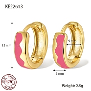 925 Sterling Silver Thick Hoop Earrings, with Enamel, for Women, Real 18K Gold Plated, Hot Pink, 12x3mm(TA7225-5)