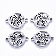 201 Stainless Steel Links Connectors, Laser Cut, Flat Round with Flower, Stainless Steel Color, 14.5x19.5x1.5mm, Hole: 1.6mm(STAS-S114-25)