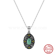 Natural Turquoise & Cubic Zirconia Oval Pendant Necklaces, Rhodium Plated 925 Sterling Silver Cable Chain Necklaces, Antique Silver & Platinum, 17.91 inch(45.5cm)(NJEW-L125-002ASP)