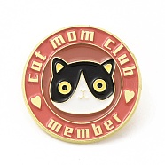 Cat with Word Enamel Pin, Golden Alloy Brooch for Backpack Clothes, Flat Round, 28.5x1.5mm(JEWB-B005-03G-05)