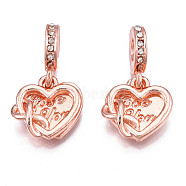 Rack Plating Alloy European Dangle Charms, with Rhinestone, Large Hole Pendants, Cadmium Free & Nickel Free & Lead Free, Rose Gold, Heart with word Love You, Crystal, 26mm, Hole: 5mm, Heart: 15x14~15x1.5~3mm(MPDL-N039-068)