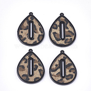 Cellulose Acetate(Resin) Pendants, Leopard Print, with Faux Horsehair Fabric, Teardrop, Camel, 45.5x33x3mm, Hole: 1.6mm(KY-T011-28)