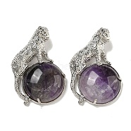 Natural Amethyst Half Round Pendants, Rack Plating Brass Leopard Charms, Platinum, Cadmium Free & Lead Free, 42x27x7.5mm, Hole: 3x5mm(G-F766-06AS-07)