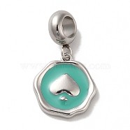 304 Stainless Steel Enamel European Dangle Charms, Large Hole Pendants, Flat Round with Spade Pattern, Stainless Steel Color, Light Sea Green, 25mm, Pendant: 15x14x2.5mm, Hole: 4.5mm(STAS-G308-29P-02)