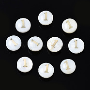 Natural Freshwater Shell Beads, with Golden Plated Brass Metal Embellishments, Flat Round with Number, Num.1, 8x4.5mm, Hole: 0.8mm(SHEL-N003-20-01)