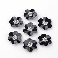 Handmade Paillette Ornament Accessories, with Rhinestones and Fabrics Pads, Flower, Black, 24~25x22~23x7mm(X-WOVE-Q068-09)