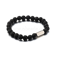 Natural Lava Rock Round Beaded Stretch Bracelet, with Stamping Blank Stainless Steel Cube Beaded, 7-1/4 inch(18.5cm)(PW-WG80752-04)