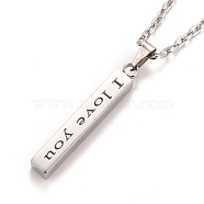 Rectangle with Word I Love You 304 Stainless Steel Pendant Necklace with Alloy Cable Chain for Women, Platinum, 19.69 inch(50cm)(NJEW-M192-01P)