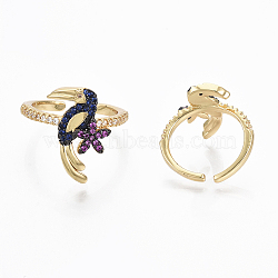 Brass Micro Pave Cubic Zirconia Cuff Rings, Open Rings, Woodpecker, Nickel Free, Colorful, Real 18K Gold Plated, Size 5, Inner Diameter: 16mm(ZIRC-R019-002-NF)
