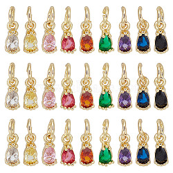 27Pcs 9 Colors Brass Micro Pave Cubic Zirconia Charms, Teardrop, with Jump Ring, Long-Lasting Plated, Real 18K Gold Plated, Faceted, Mixed Color, 8x3x3mm, Hole: 3mm, 3pcs/color(ZIRC-DR0001-05)