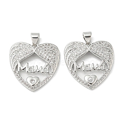 Mother's Day Theme Rack Plating Brass Micro Pave Cubic Zirconia Pendants, Long-Lasting Plated, Lead Free & Cadmium Free, Heart, 21x20.5x3.5mm, Hole: 5x3mm(KK-F869-20P-02)