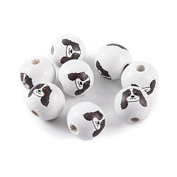 Wood European Beads, Round with Dog Pattern, White, 16x15mm, Hole: 4.5mm(WOOD-G021-01A)