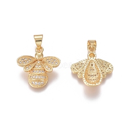 Brass Micro Pave Clear Cubic Zirconia Pendants, Bees, Golden, 18x16x3mm, Hole: 5x3.5mm(ZIRC-I036-25G)