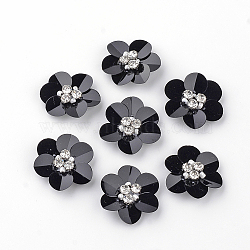 Handmade Paillette Ornament Accessories, with Rhinestones and Fabrics Pads, Flower, Black, 24~25x22~23x7mm(X-WOVE-Q068-09)