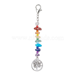 Tree of Life Tibetan Style Alloy Pendant Decorations, with Natural Gemstone Chip Beads and Lobster Claw Clasps, Flat Round, 93mm, Pendants: 74x17mm(HJEW-JM01667-01)