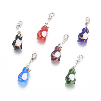 Handmade Lampwork Pendants, with Platinum Tone Brass Lobster Clasps, Penguin, Mixed Color, 45.5mm