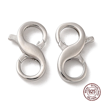 Rhodium Plated 925 Sterling Silver Double Opening Lobster Claw Clasps, Infinity Shape, with 925 Stamp, Real Platinum Plated, 16x10x3mm, Hole: 5mm