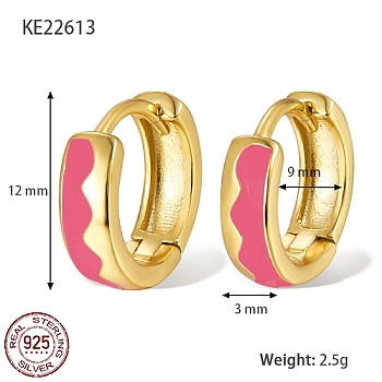 925 Sterling Silver Thick Hoop Earrings, with Enamel, for Women, Real 18K Gold Plated, Hot Pink, 12x3mm