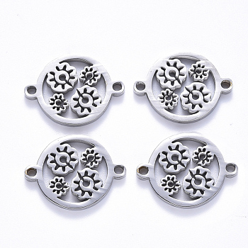 201 Stainless Steel Links Connectors, Laser Cut, Flat Round with Flower, Stainless Steel Color, 14.5x19.5x1.5mm, Hole: 1.6mm