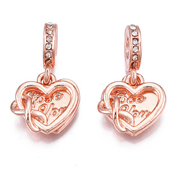 Rack Plating Alloy European Dangle Charms, with Rhinestone, Large Hole Pendants, Cadmium Free & Nickel Free & Lead Free, Rose Gold, Heart with word Love You, Crystal, 26mm, Hole: 5mm, Heart: 15x14~15x1.5~3mm