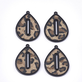 Cellulose Acetate(Resin) Pendants, Leopard Print, with Faux Horsehair Fabric, Teardrop, Camel, 45.5x33x3mm, Hole: 1.6mm