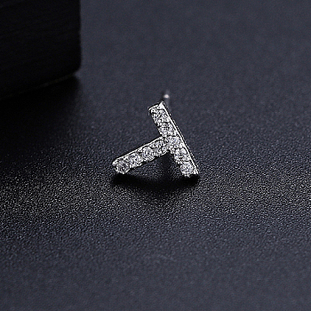 Platinum Brass Micro Pave Cubic Zirconia Stud Earrings, Initial Letter, Letter T, No Size