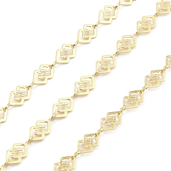 Brass Hollow Rhombus Link Chains, Unwelded, with Spool, Real 18K Gold Plated, 11x5x0.5mm