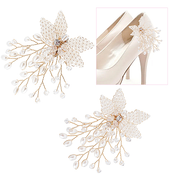 ABS Plastic Imitation Pearl Beaded Flower Wedding Shoe Decorations, Copper Wire Wrapped, with Rhinestone, Golden, 80x62x10mm