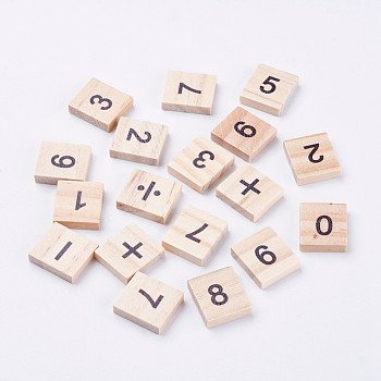 Wood Cabochons, Square with Number, Blanched Almond, 20x18x5mm