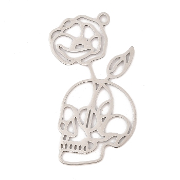 304 Stainless Steel Pendants, Laser Cut, Rose with Skull Charm, Stainless Steel Color, 44x25x1mm, Hole: 2mm