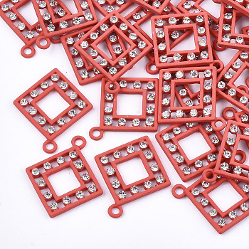 Spray Painted Alloy Pendants, with Rhinestone, Rhombus, Crystal, Red, 26x22.5x2.5mm, Hole: 2mm