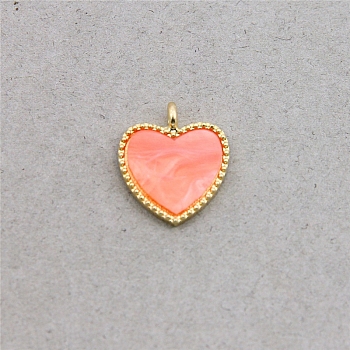 Acrylic Pendants, with Light Gold Plated Alloy Findings, Heart, Salmon, 18x16x2.5mm, Hole: 2mm