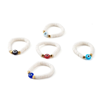 Polymer Clay Heishi Beaded Stretch Rings, with Non-magnetic Synthetic Hematite Beads and Evil Eye Lampwork Beads, Golden, Mixed Color, US Size 4 1/4(15mm)