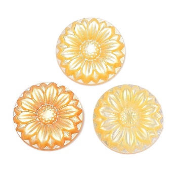 Natural Yellow Shell Carved Cabochons, Flat Round with Flower, 15x2.5mm