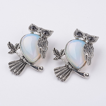 Opalite Pendants, with Alloy Finding, Owl, Antique Silver, 46.5x35.5x11.5mm, Hole: 6x8.5mm