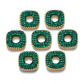 316 Surgical Stainless Steel Cabochons, with Micro Pave Cubic Zirconia, Real 14K Gold Plated, Square, Green, 11x11x2mm, Hole: 3.5mm