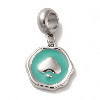 304 Stainless Steel Enamel European Dangle Charms, Large Hole Pendants, Flat Round with Spade Pattern, Stainless Steel Color, Light Sea Green, 25mm, Pendant: 15x14x2.5mm, Hole: 4.5mm