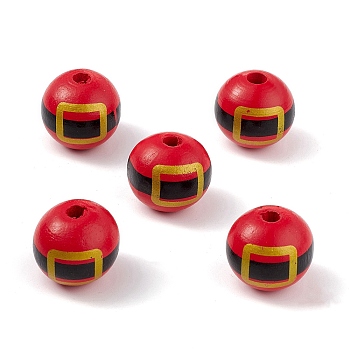 Printed Natural Wood European Beads, Large Hole Bead, Round with Christmas Belt Pattern, Red, 19mm, Hole: 4mm