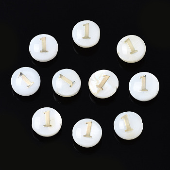 Natural Freshwater Shell Beads, with Golden Plated Brass Metal Embellishments, Flat Round with Number, Num.1, 8x4.5mm, Hole: 0.8mm