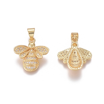Brass Micro Pave Clear Cubic Zirconia Pendants, Bees, Golden, 18x16x3mm, Hole: 5x3.5mm
